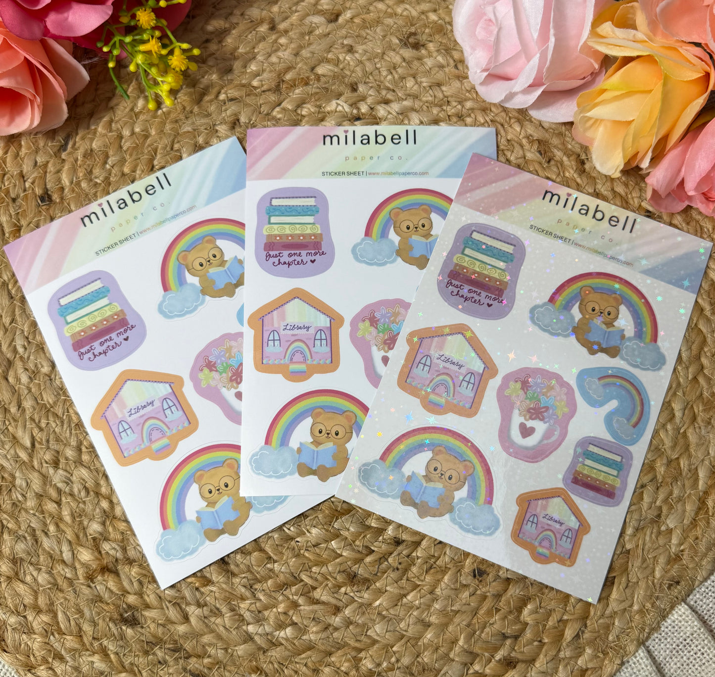 Rainbow Bear Sticker Sheet shown in Vinyl Matte, Vinyl Glossy, and Vinyl Star Holographic finishes.