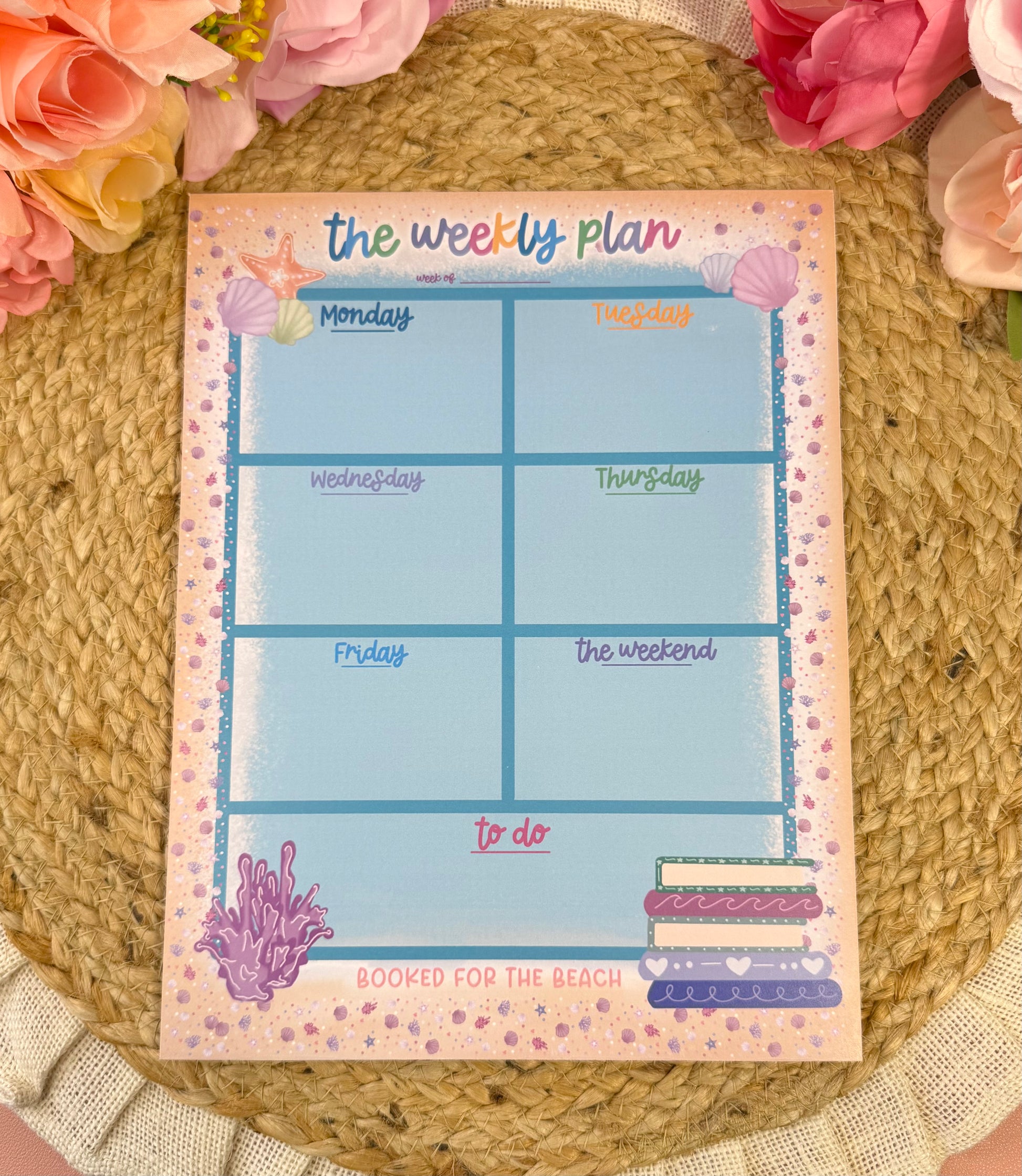 Beach Booked Weekly Planner featuring original Milabell Paper Co. artwork.