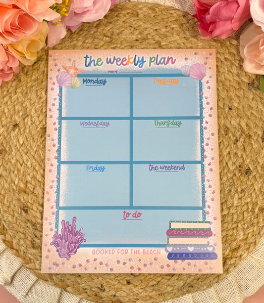 Beach Booked Weekly Planner featuring original Milabell Paper Co. artwork.