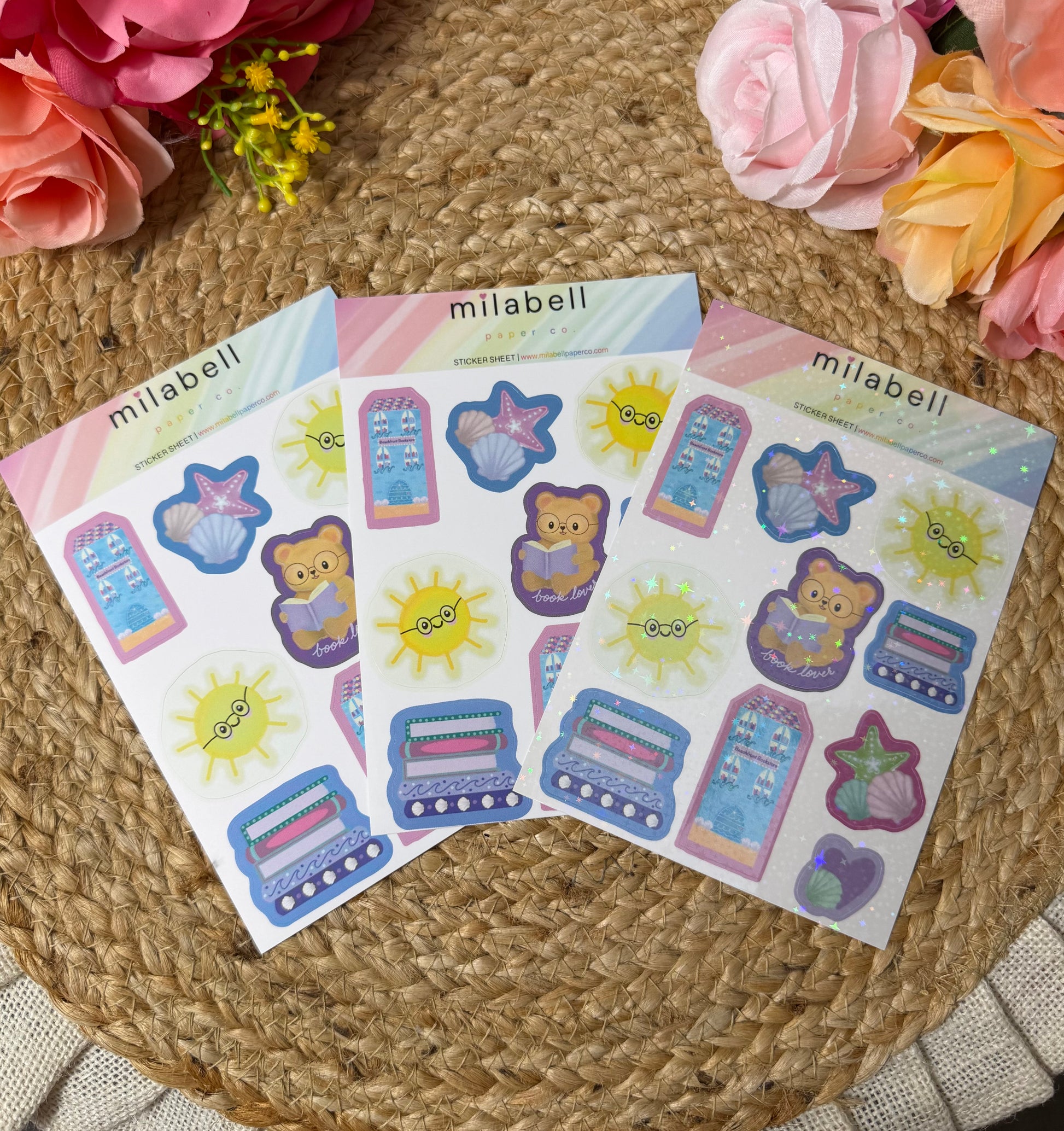 Beach Books Sticker Sheet shown in Vinyl Matte, Vinyl Glossy, and Vinyl Star Holographic finishes.
