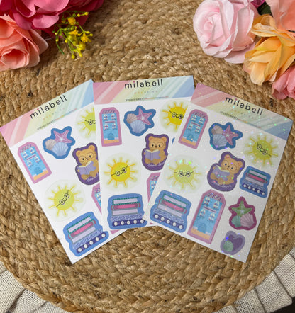 Beach Books Sticker Sheet shown in Vinyl Matte, Vinyl Glossy, and Vinyl Star Holographic finishes.