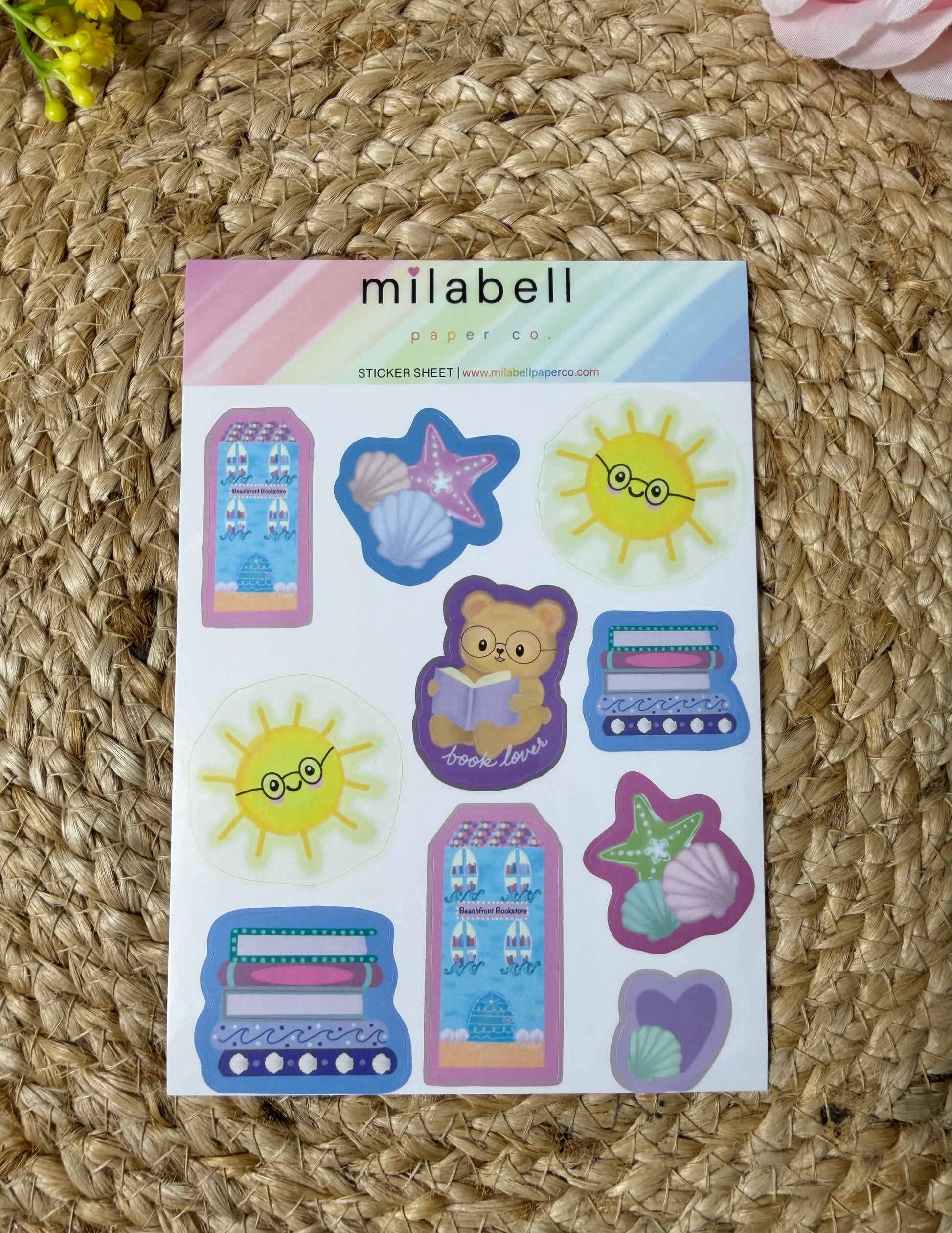 Beach Books Sticker Sheet in Vinyl Glossy finish featuring original Milabell Paper Co. artwork.