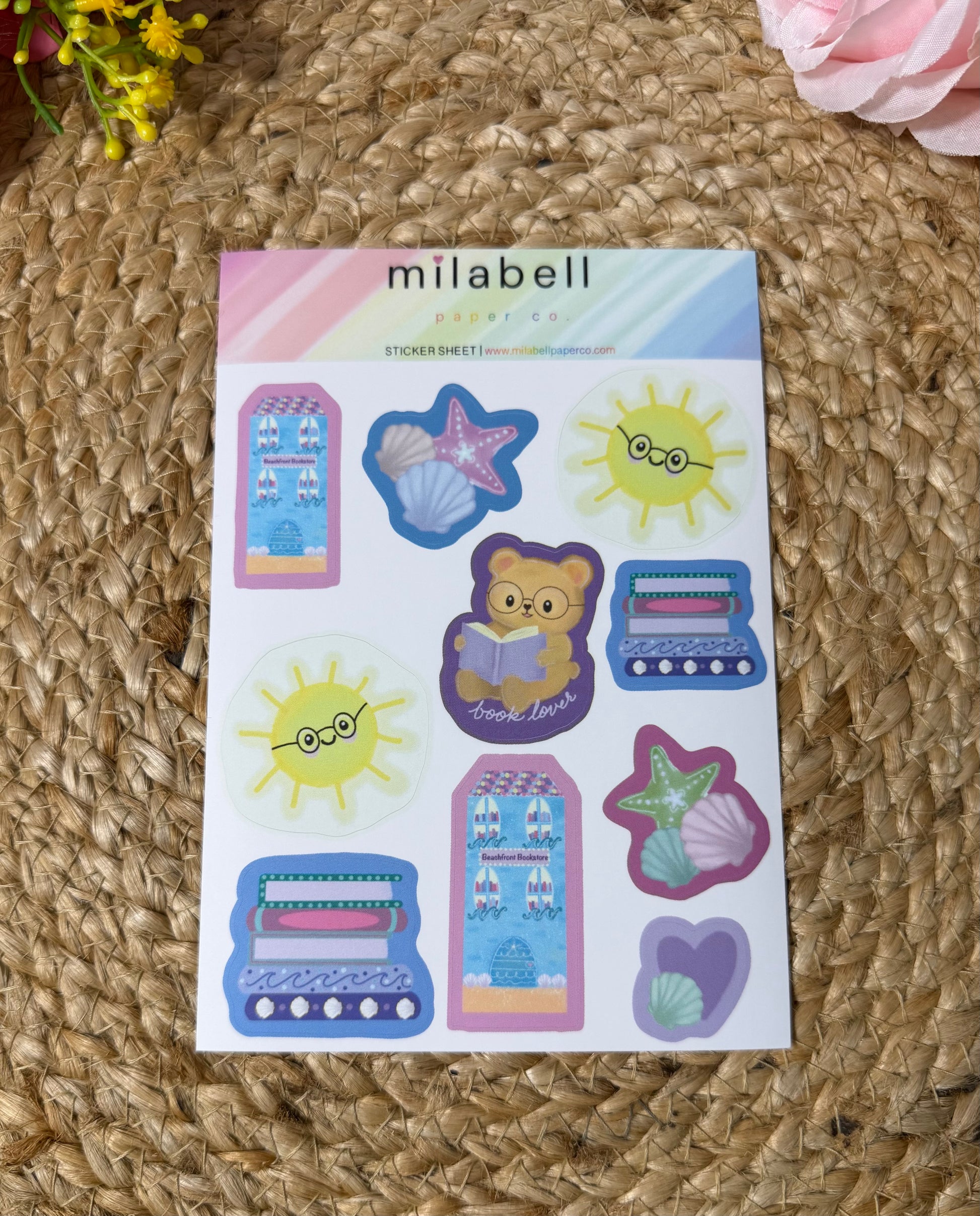 Beach Books Sticker Sheet in Vinyl Matte finish featuring original Milabell Paper Co. artwork.