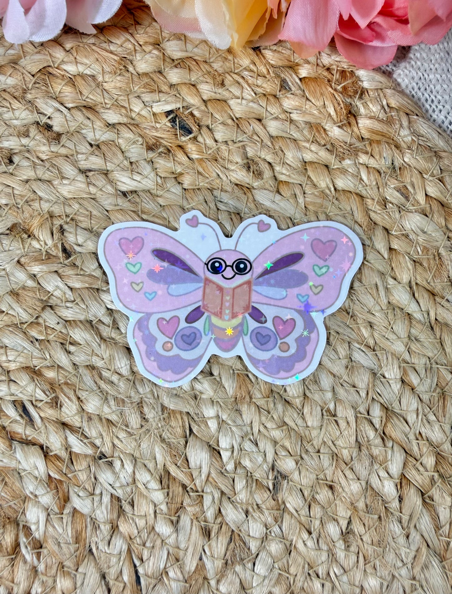 Butterfly Book Lover Vinyl Sticker in Vinyl Star Holographic finish featuring original Milabell Paper Co. artwork.