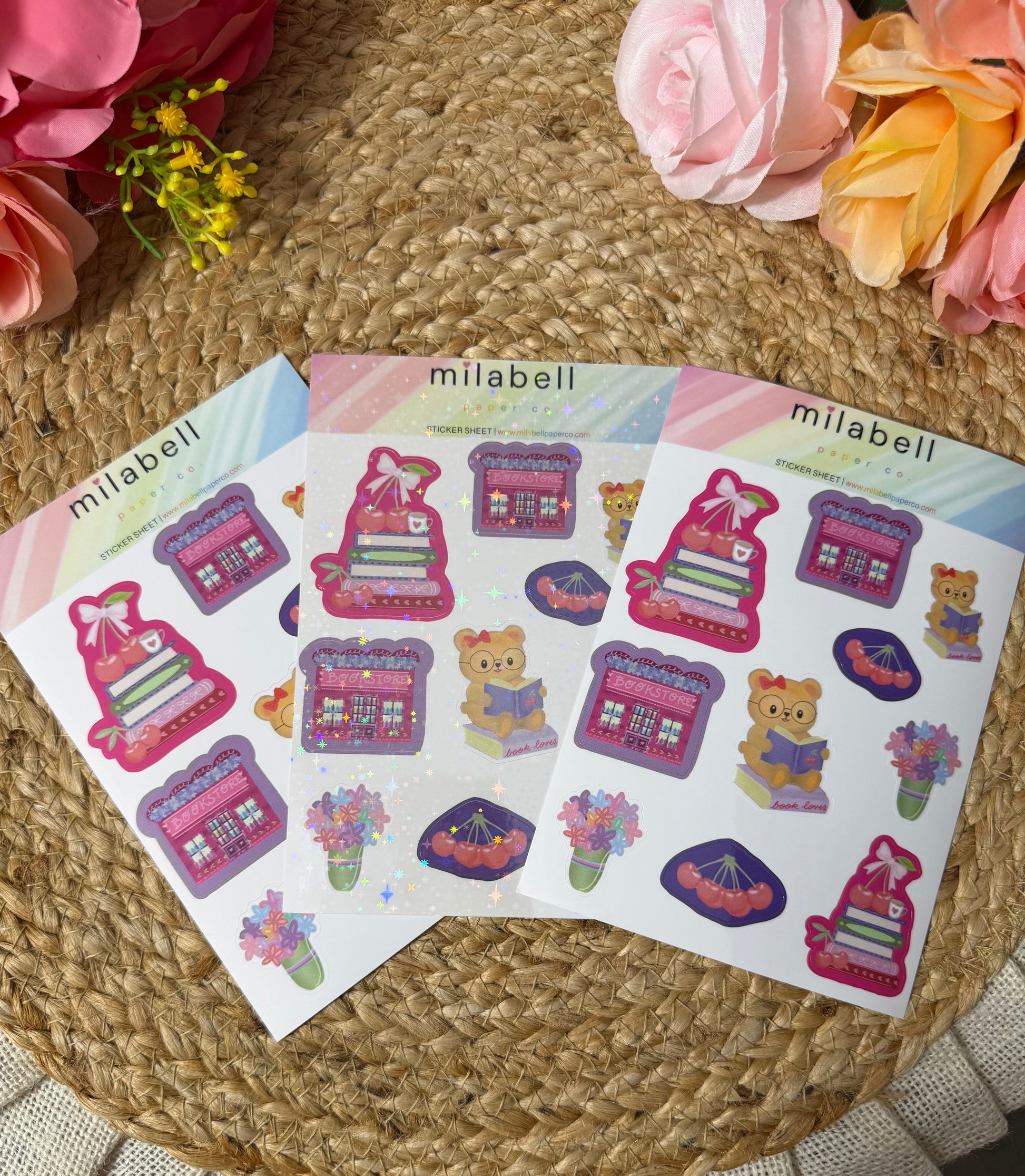 Cherry Bear Sticker Sheet shown in Vinyl Matte, Vinyl Star Holographic, and Vinyl Glossy finishes.