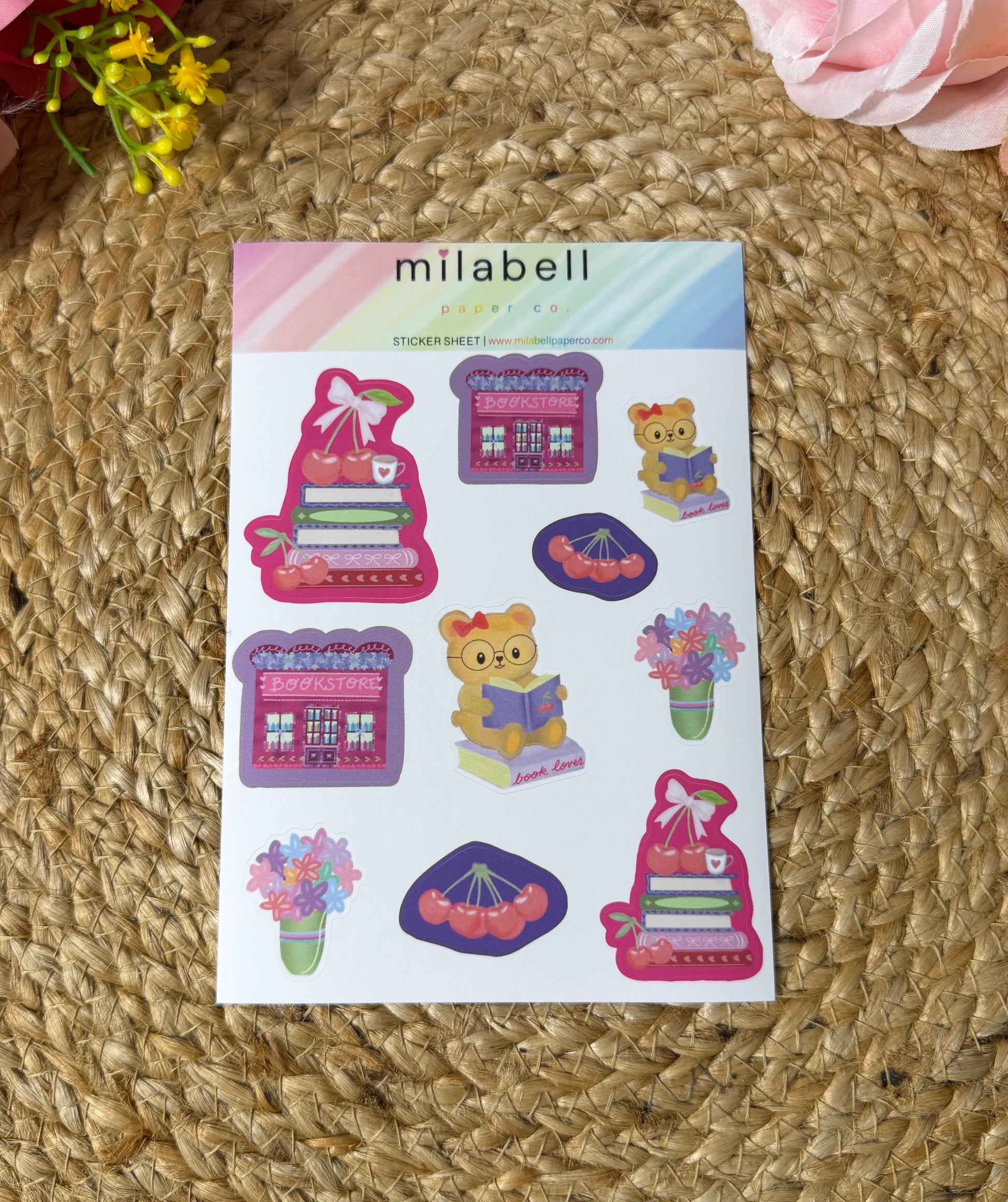 Cherry Bear Sticker Sheet in Vinyl Matte finish featuring original Milabell Paper Co. artwork.