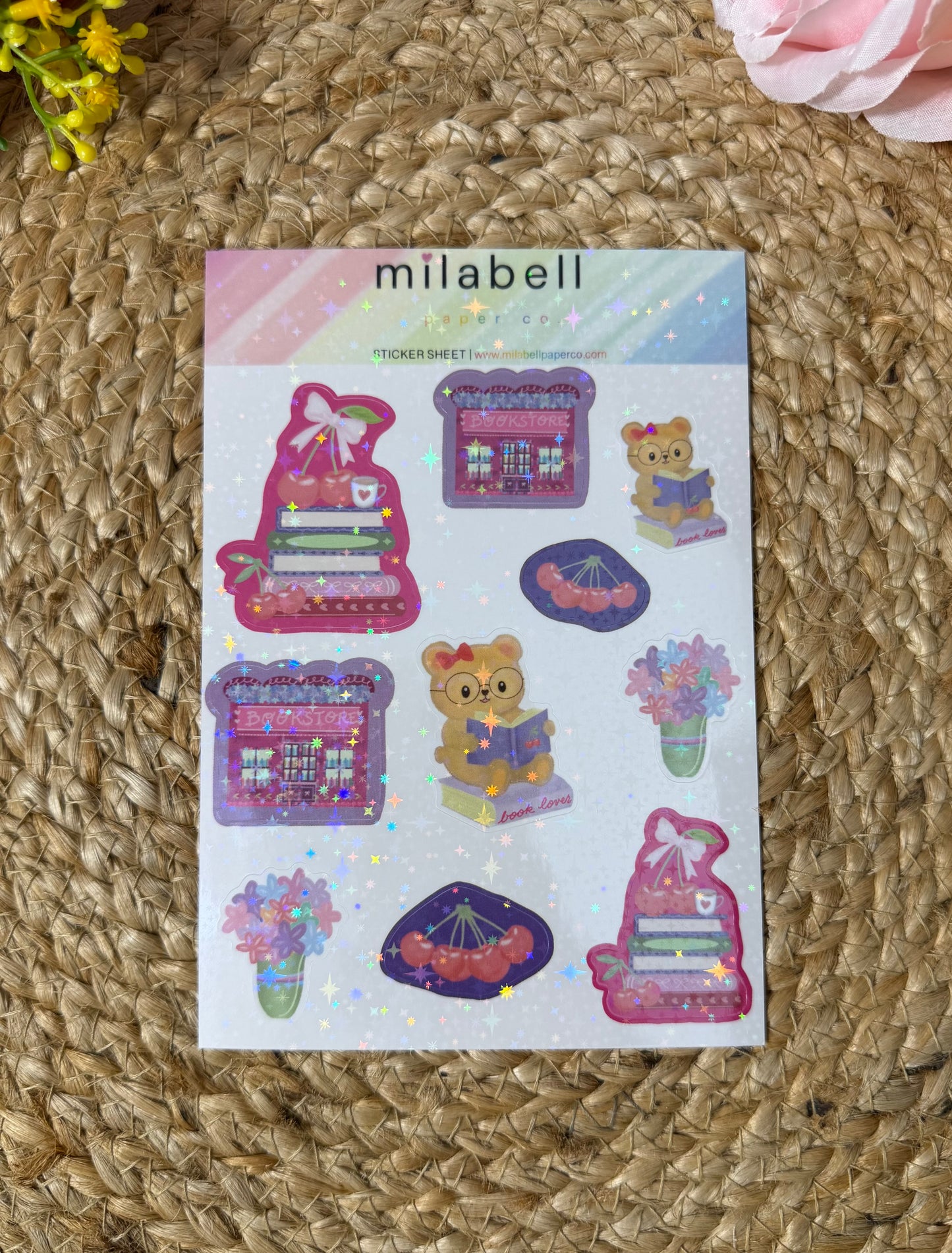 Cherry Bear Sticker Sheet in Vinyl Star Holographic finish featuring original Milabell Paper Co. artwork.