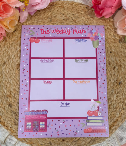 Cherry Books Weekly Planner featuring original Milabell Paper Co. artwork.