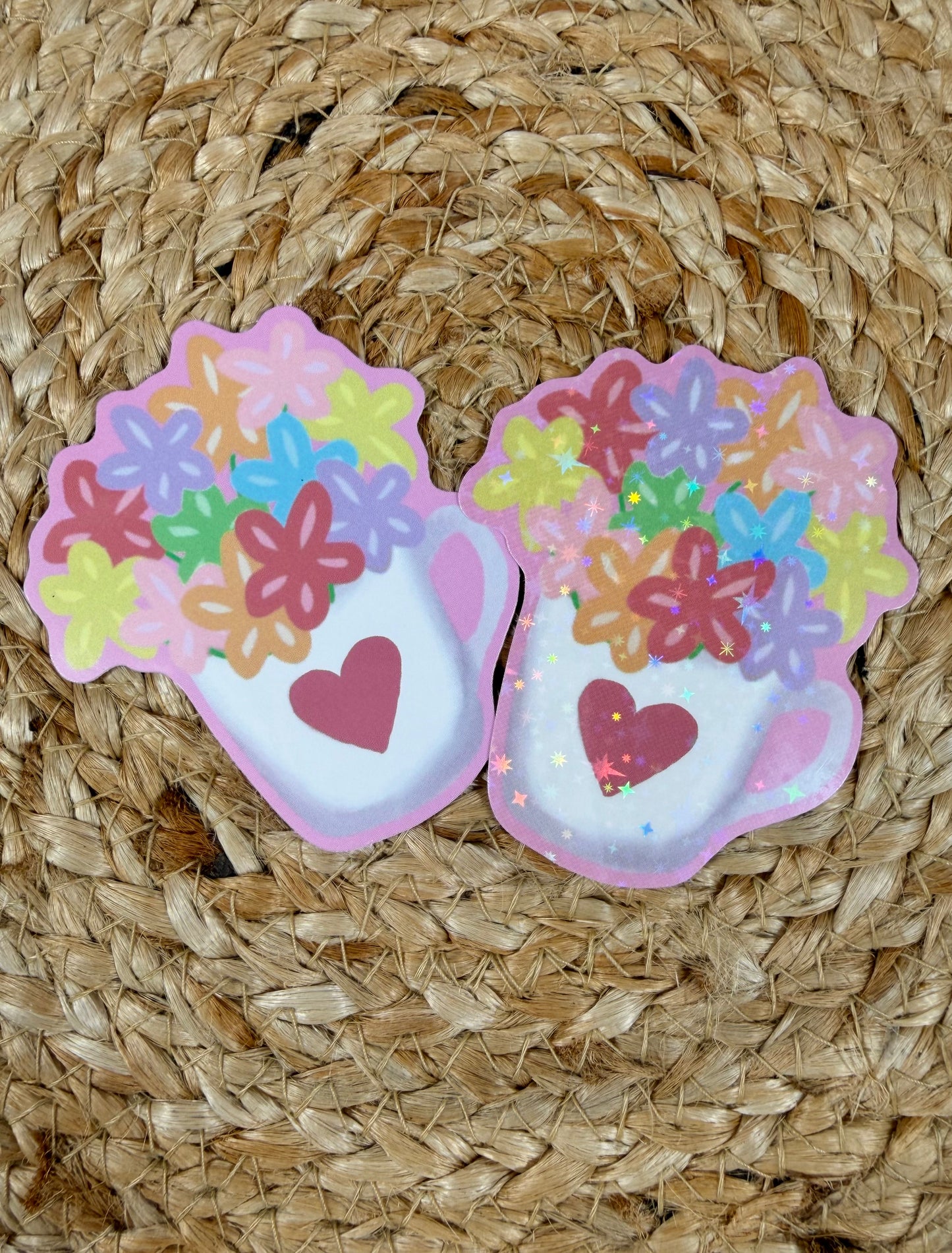 Flower Cup Vinyl Sticker shown in Vinyl Glossy and Vinyl Star Holographic finishes.