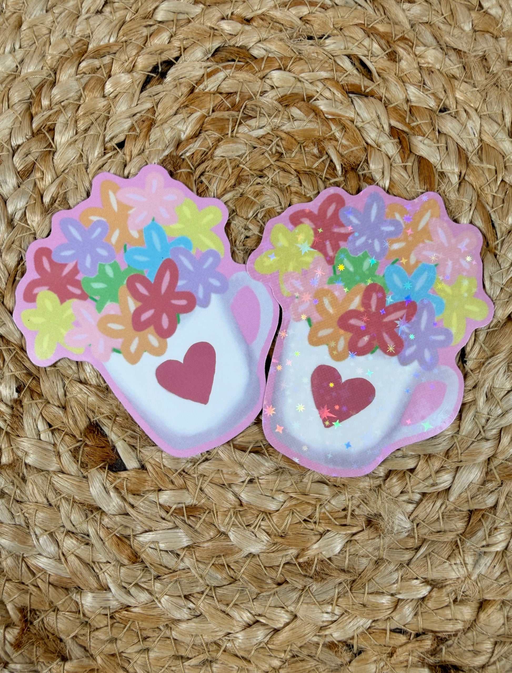 Flower Cup Vinyl Sticker shown in Vinyl Glossy and Vinyl Star Holographic finishes.