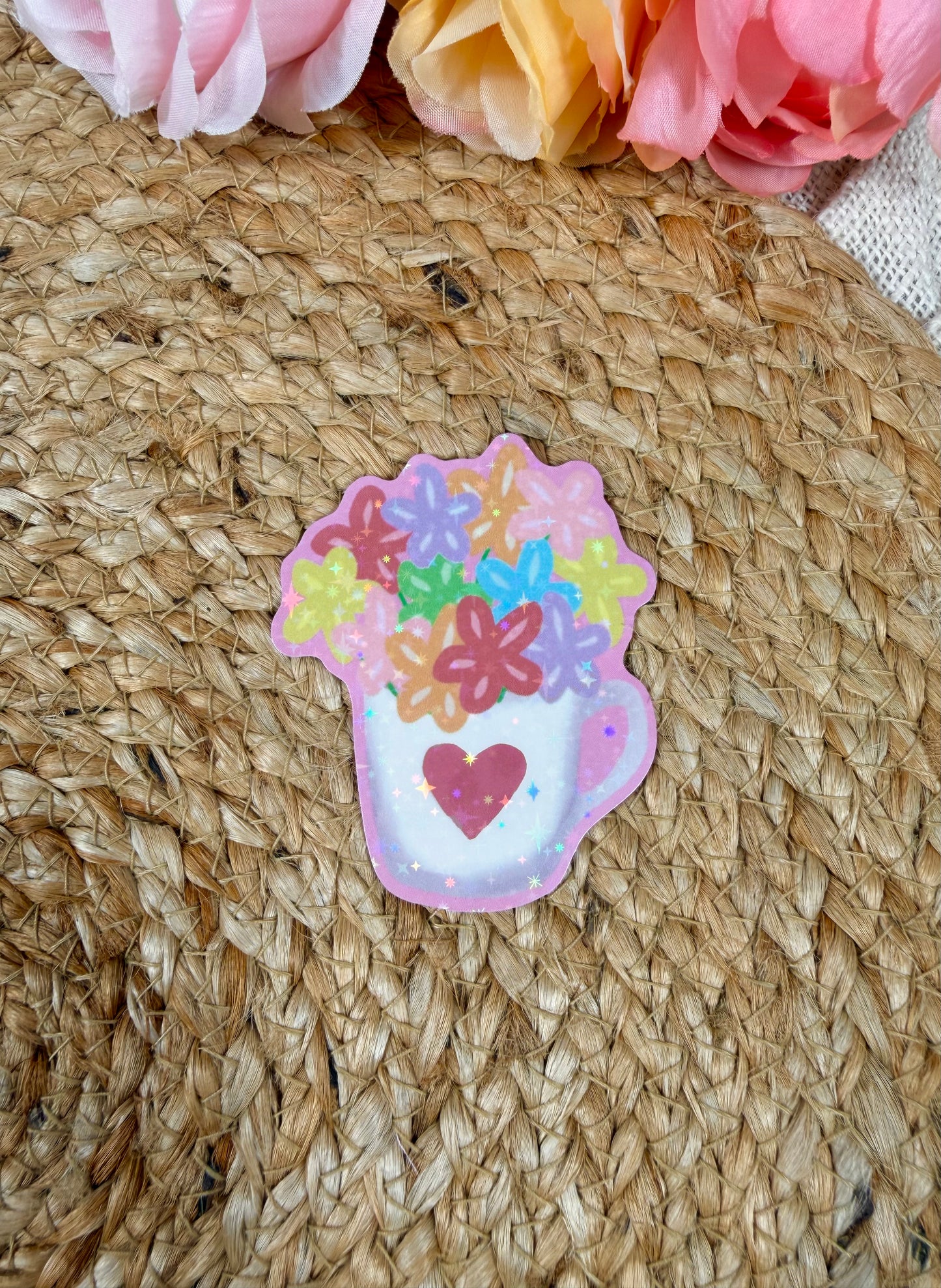 Flower Cup Vinyl Sticker in Vinyl Star Holographic finish featuring original Milabell Paper Co. artwork.