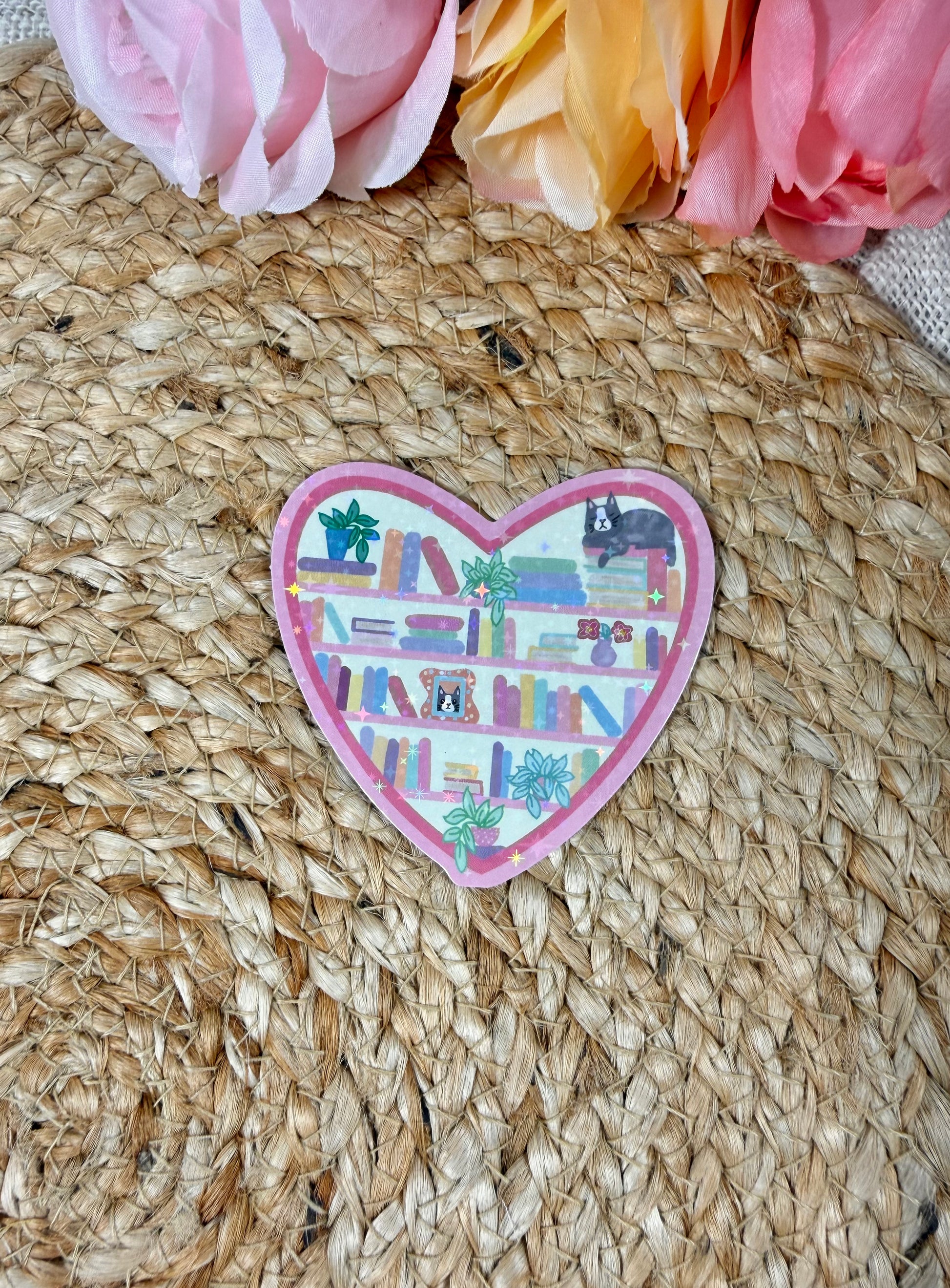 Kitty's Library Vinyl Sticker in Vinyl Star Holographic finish featuring original Milabell Paper Co. artwork.