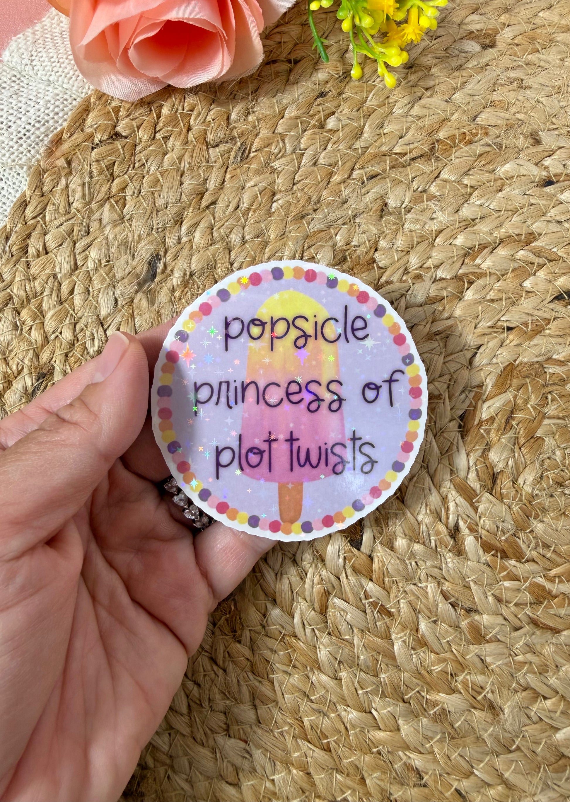 Close-up of the Popsicle Princess Vinyl Sticker in Vinyl Star Holographic finish held in hand.