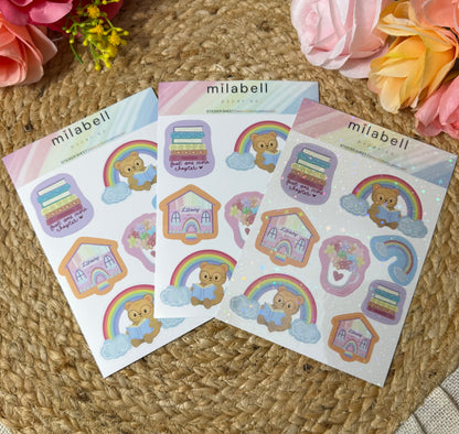 Rainbow Bear Sticker Sheet shown in Vinyl Matte, Vinyl Glossy, and Vinyl Star Holographic finishes.