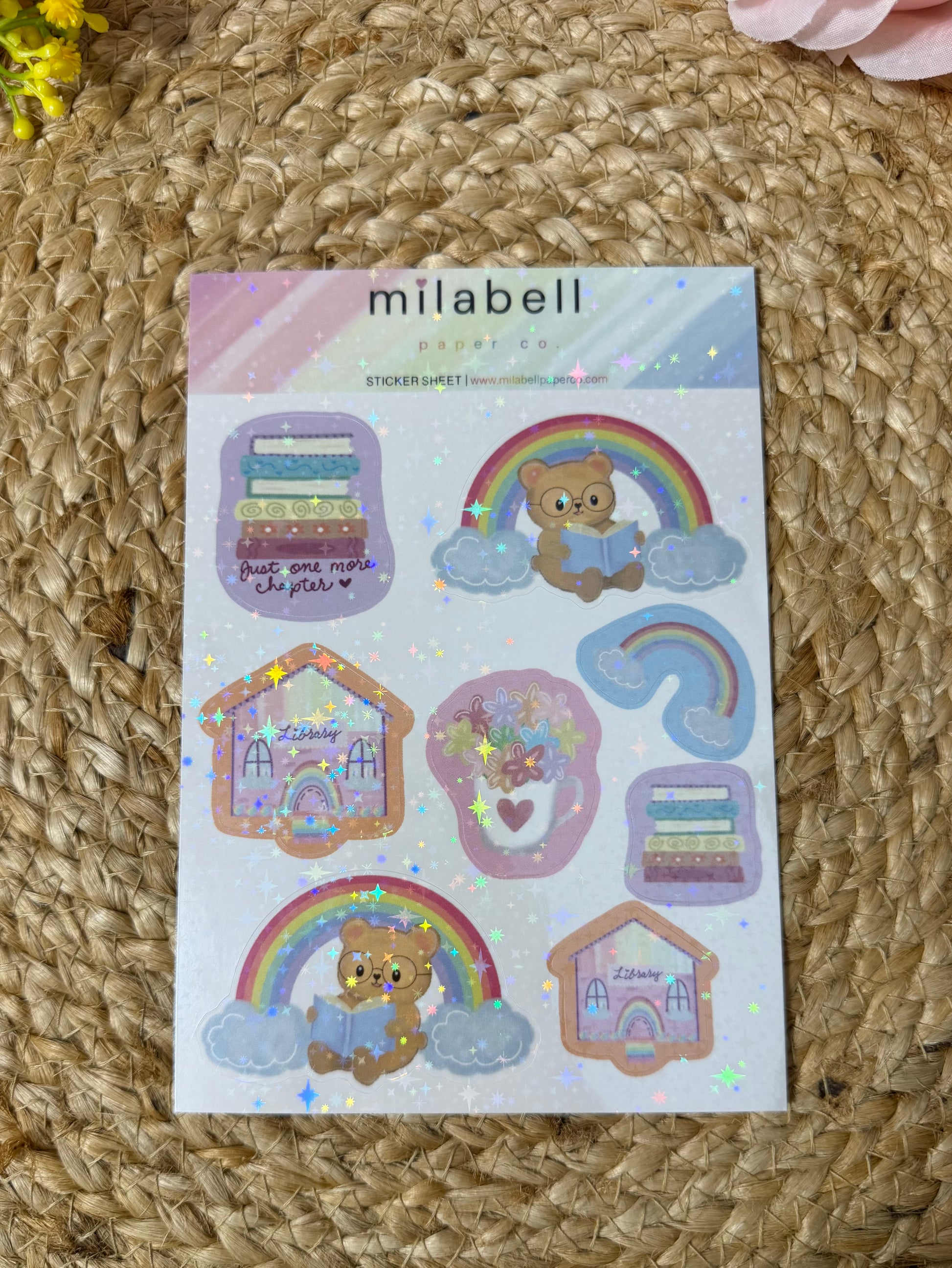 Rainbow Bear Sticker Sheet in Vinyl Star Holographic finish featuring original Milabell Paper Co. artwork.