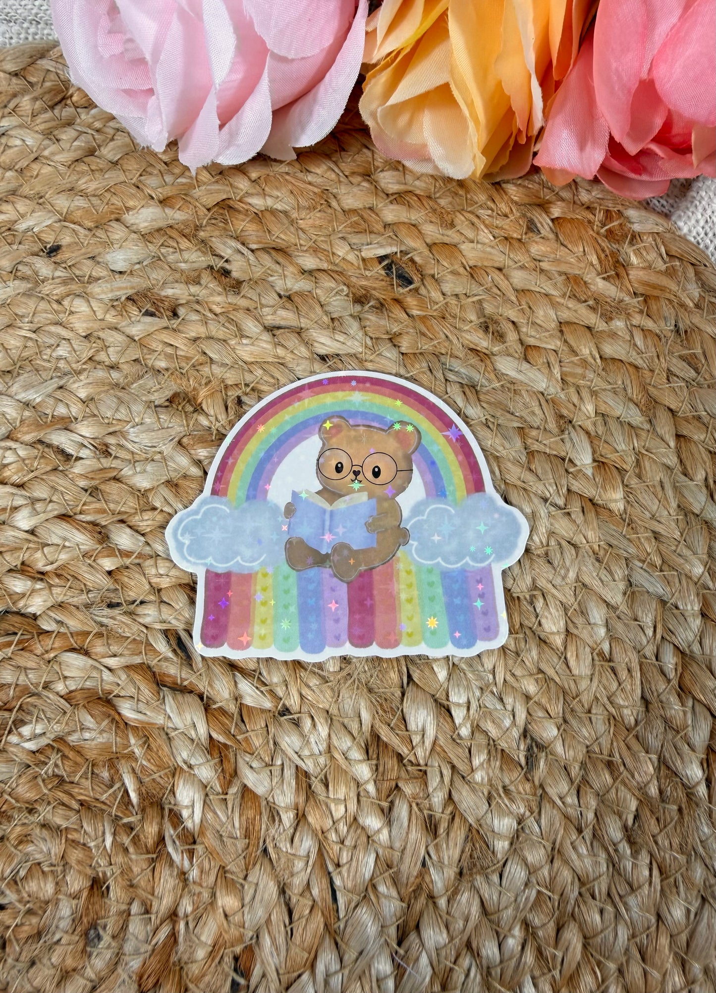 Rainbow Bear Vinyl Sticker in Vinyl Star Holographic finish featuring original Milabell Paper Co. artwork.