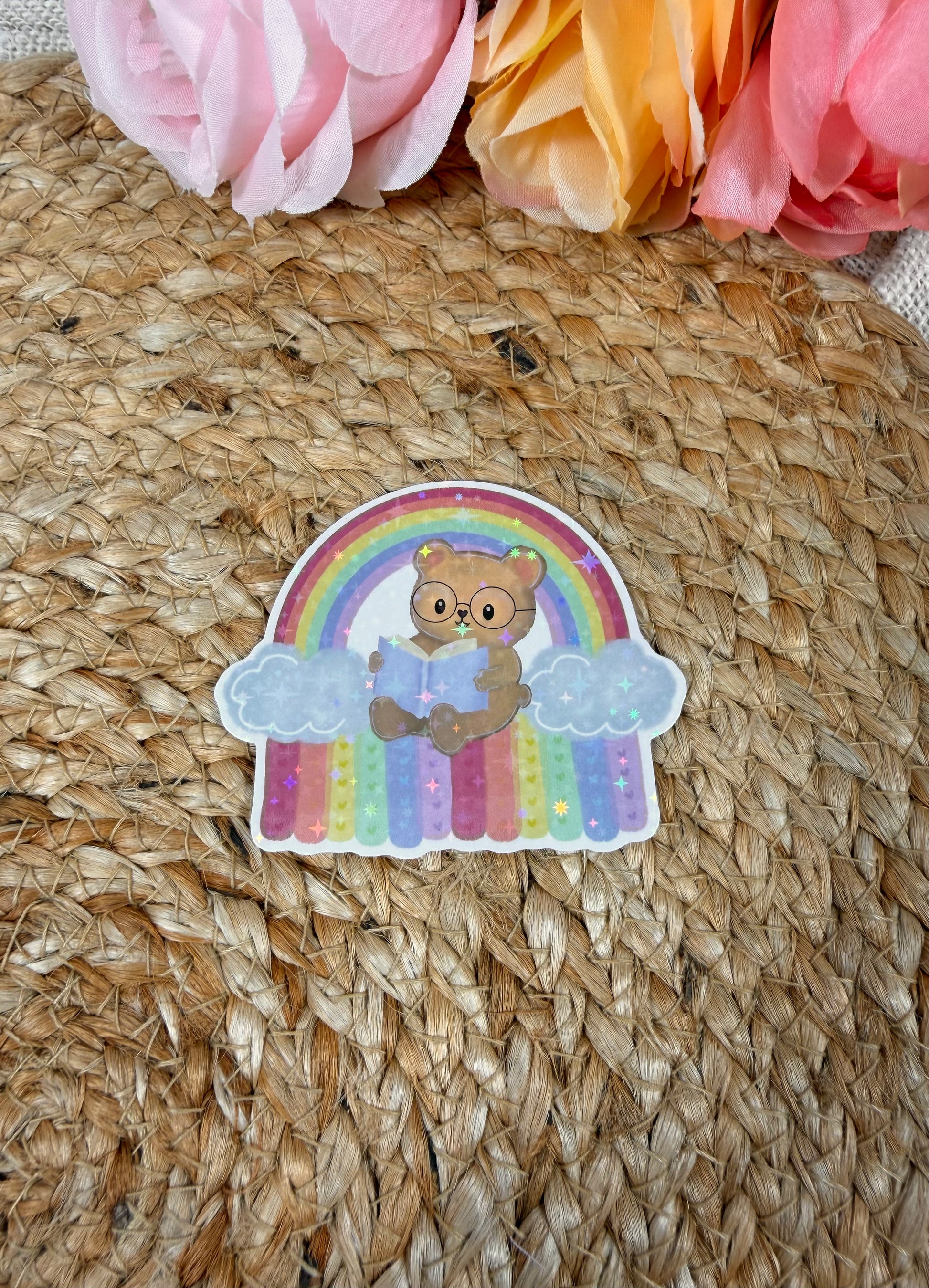 Rainbow Bear Vinyl Sticker in Vinyl Star Holographic finish featuring original Milabell Paper Co. artwork.