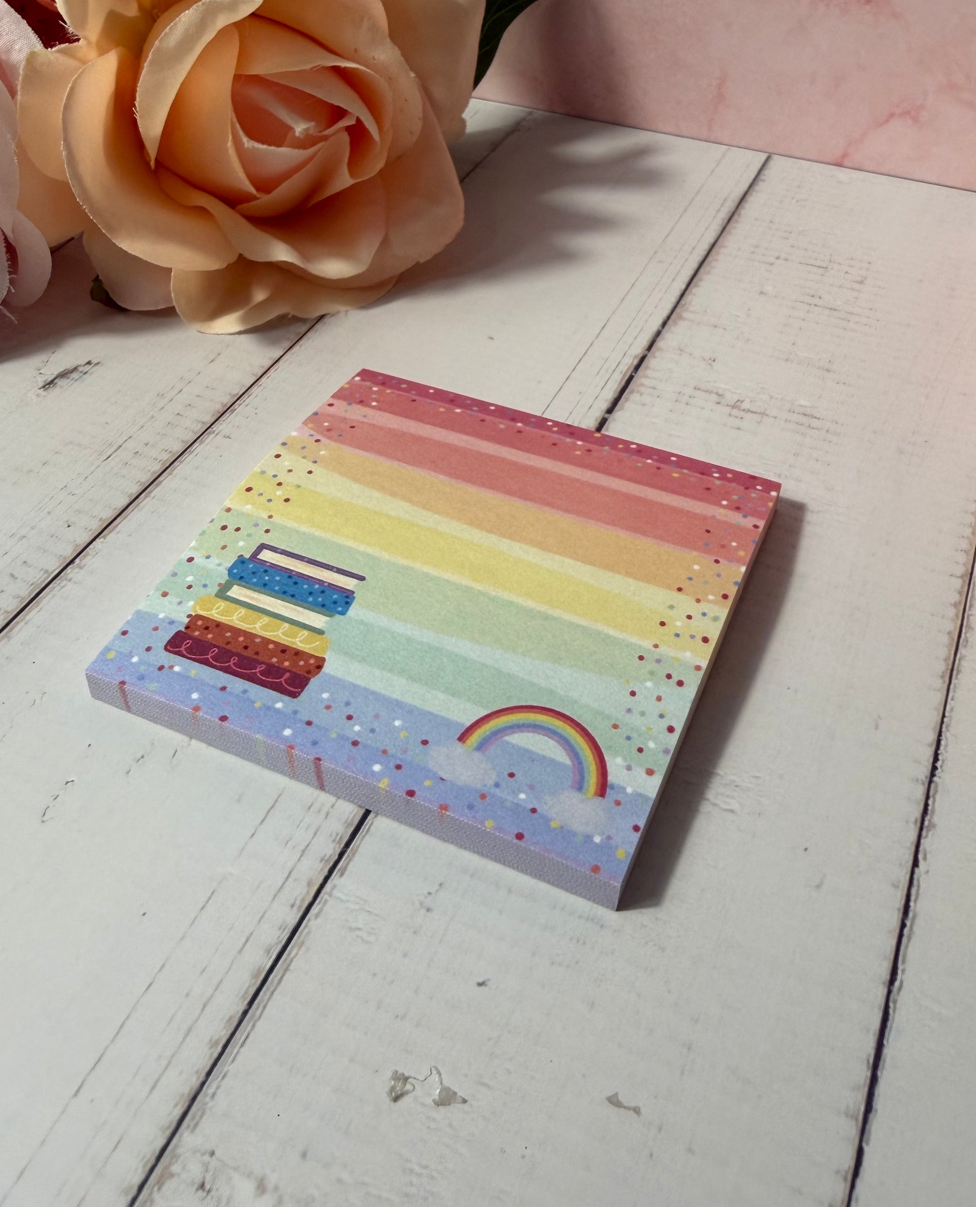 Close-up of the Rainbow Books Sticky Notes highlighting the artwork and writing space.