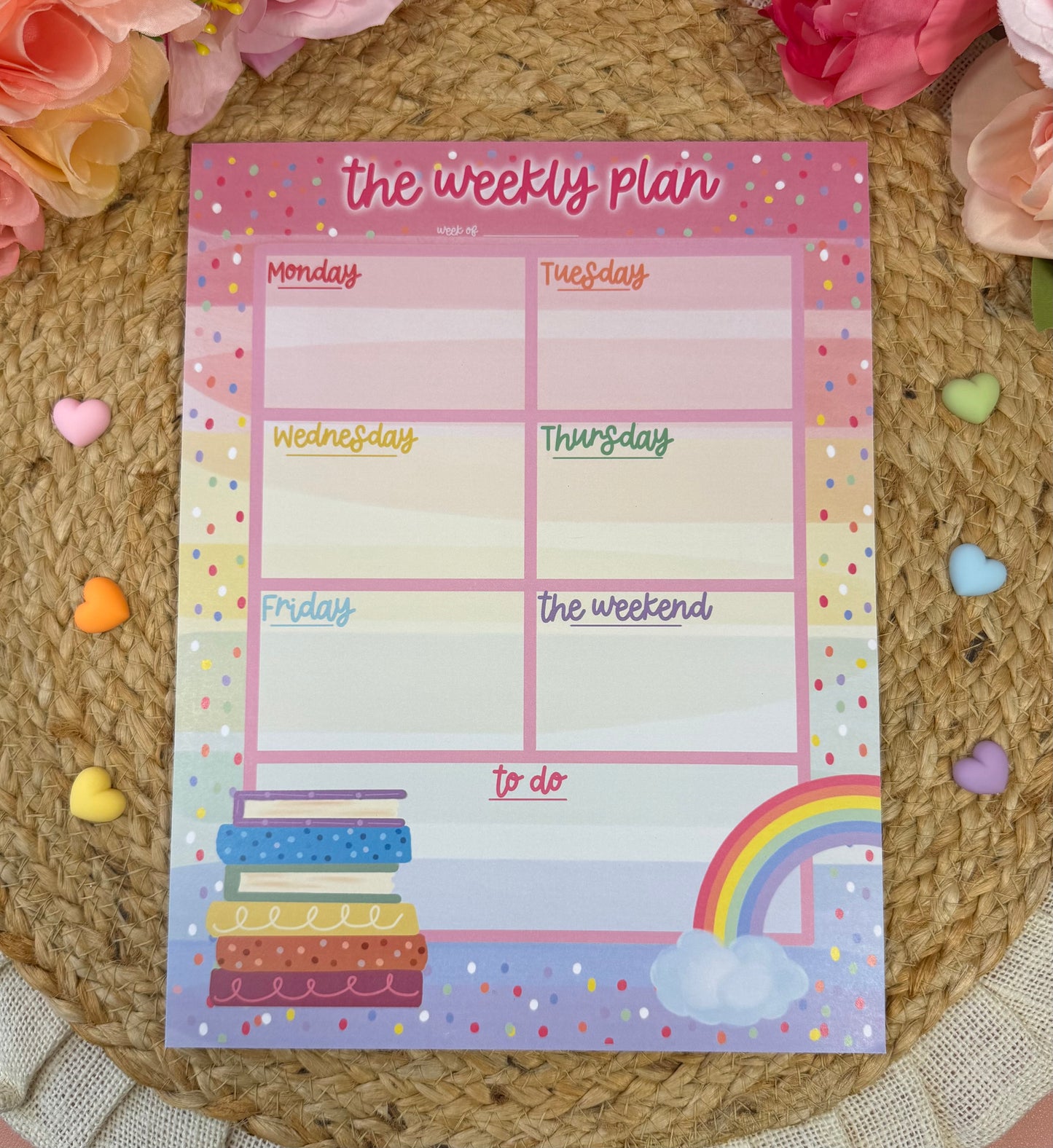Rainbow Books Weekly Planner featuring original Milabell Paper Co. artwork.