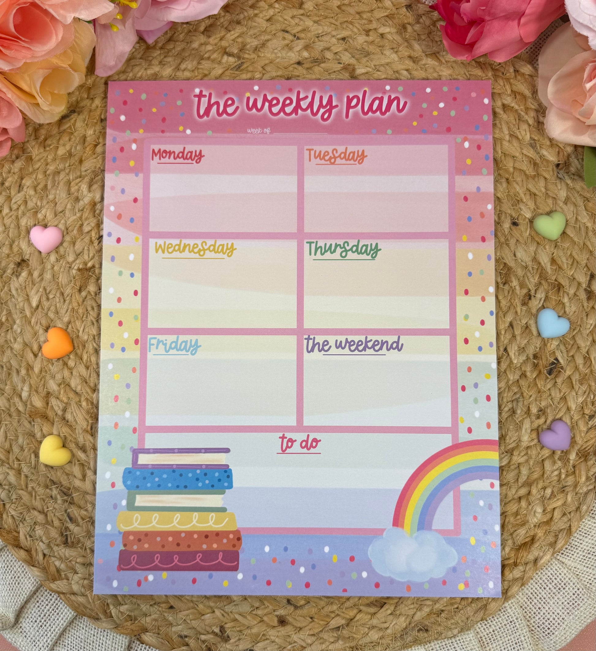 Rainbow Books Weekly Planner featuring original Milabell Paper Co. artwork.