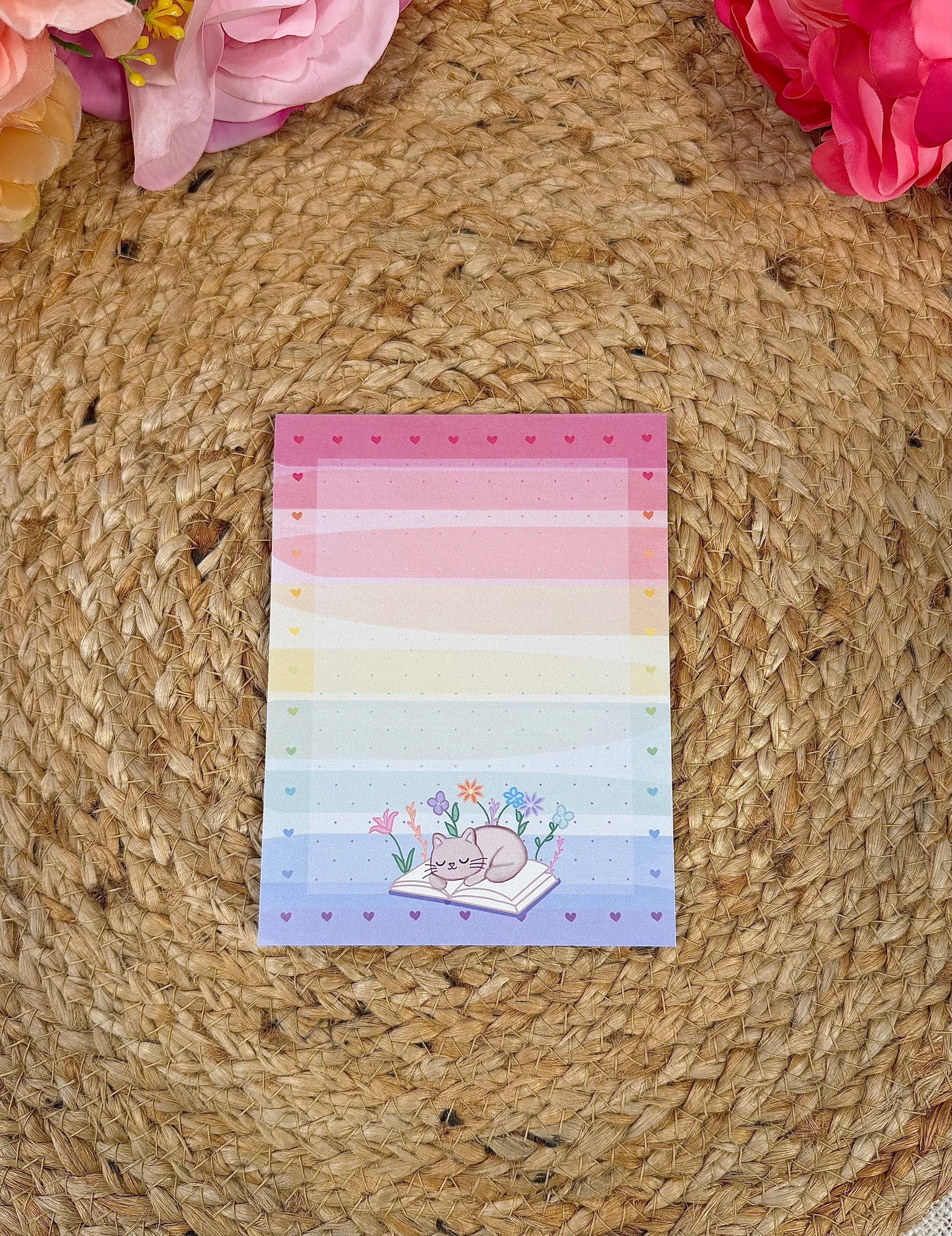 Rainbow Sleepy Kitty Notepad featuring original Milabell Paper Co. artwork.