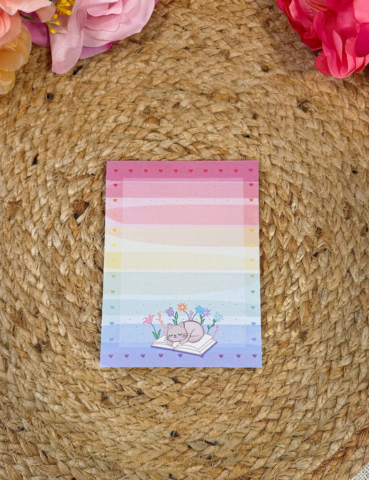 Rainbow Sleepy Kitty Notepad featuring original Milabell Paper Co. artwork.