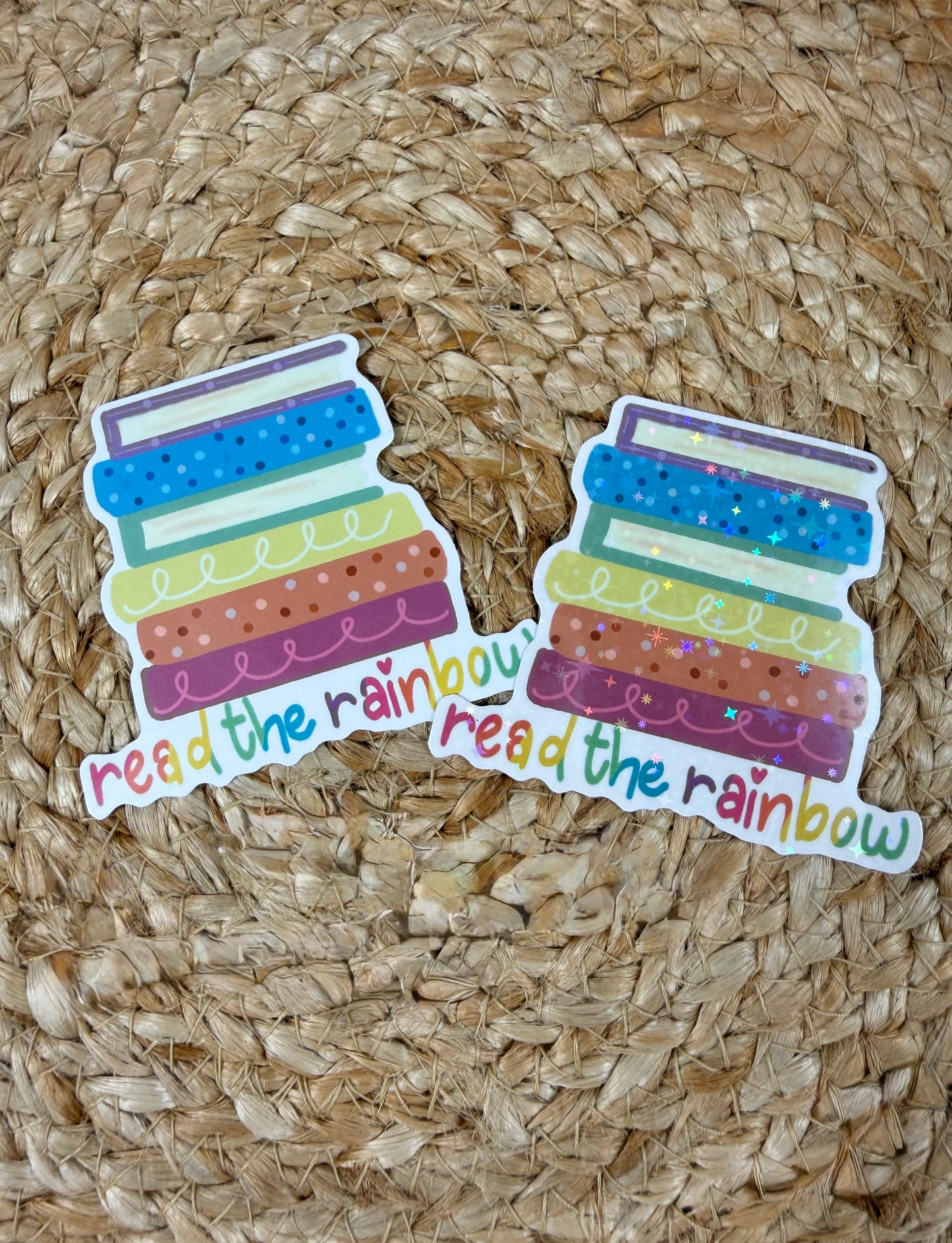 Reading Rainbow Vinyl Sticker shown in Vinyl Glossy and Vinyl Star Holographic finishes.