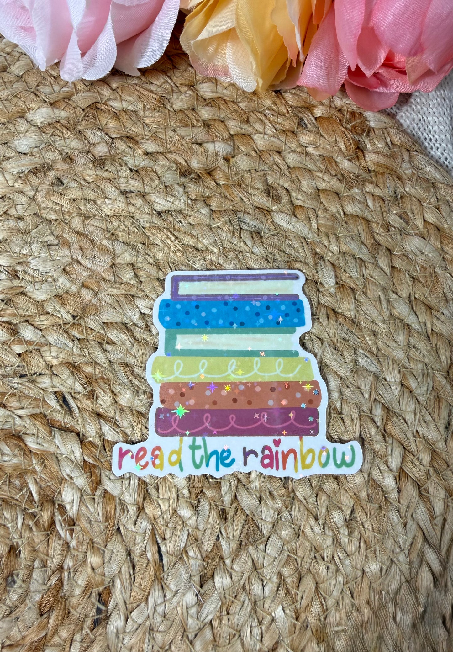 Reading Rainbow Vinyl Sticker in Vinyl Star Holographic finish featuring original Milabell Paper Co. artwork.