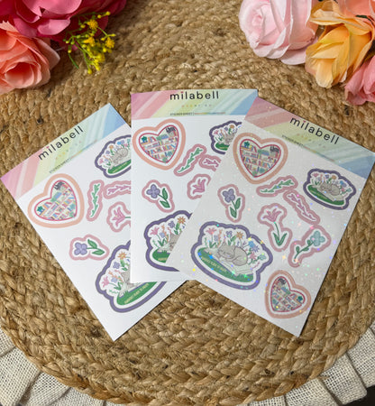 Sleepy Kitty Sticker Sheet shown in Vinyl Matte, Vinyl Glossy, and Vinyl Star Holographic finishes.
