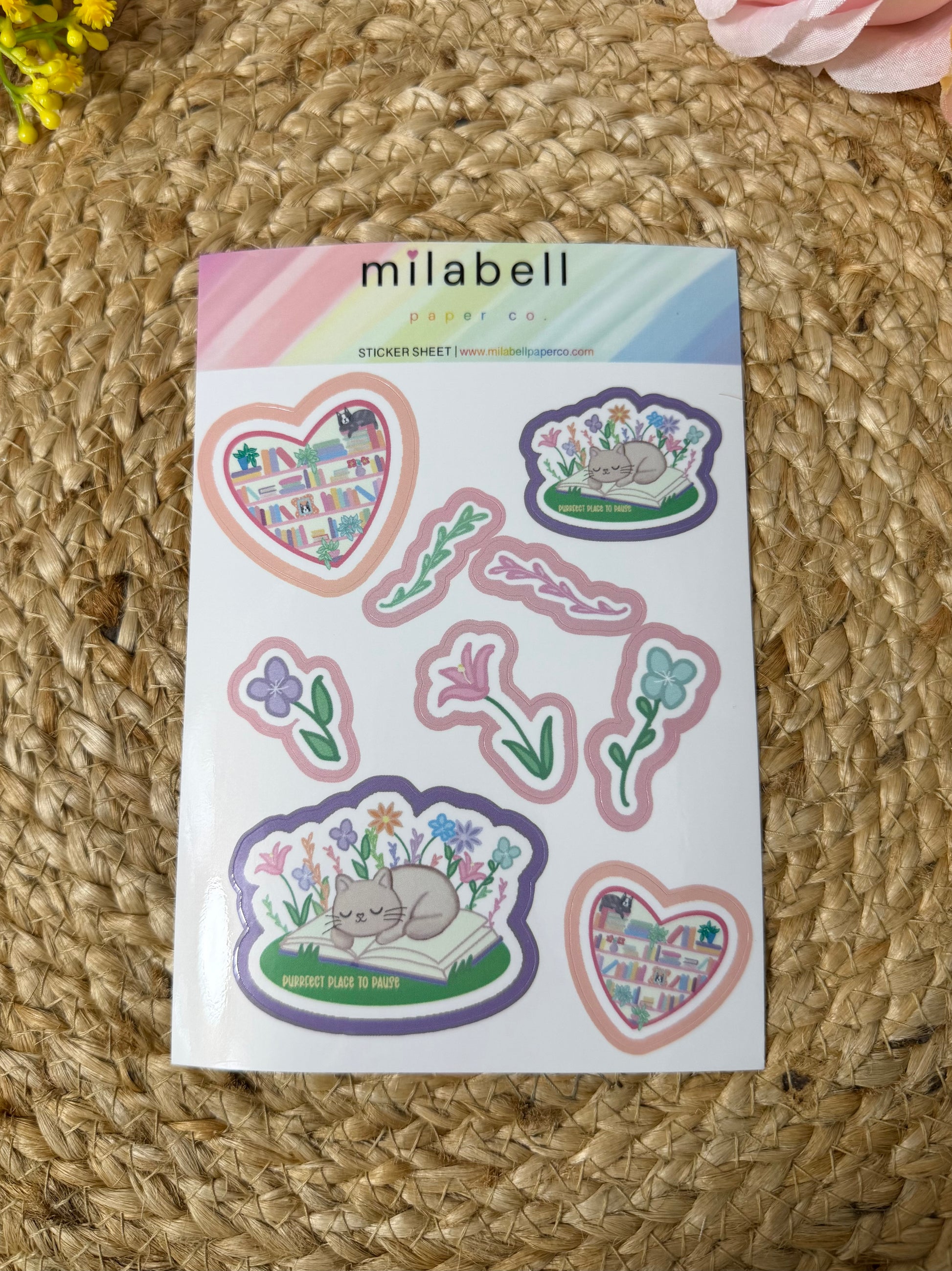 Sleepy Kitty Sticker Sheet in Vinyl Glossy finish featuring original Milabell Paper Co. artwork.