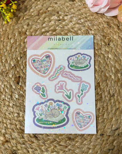 Sleepy Kitty Sticker Sheet in Vinyl Star Holographic finish featuring original Milabell Paper Co. artwork.