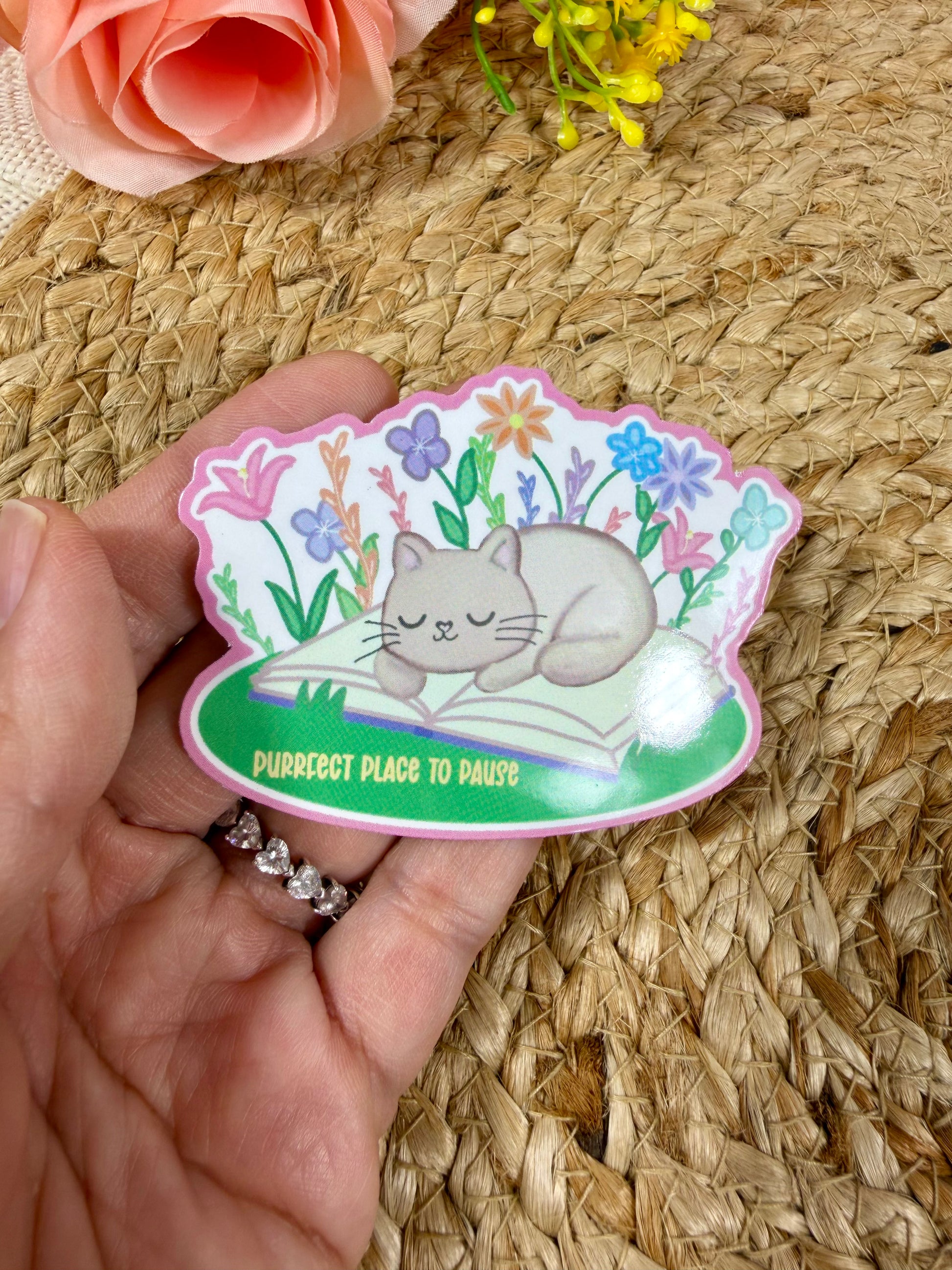 Close-up of the Sleepy Kitty Vinyl Sticker in Vinyl Glossy finish held in hand.
