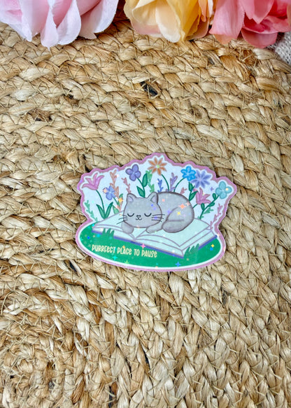 Sleepy Kitty Vinyl Sticker in Vinyl Star Holographic finish featuring original Milabell Paper Co. artwork.