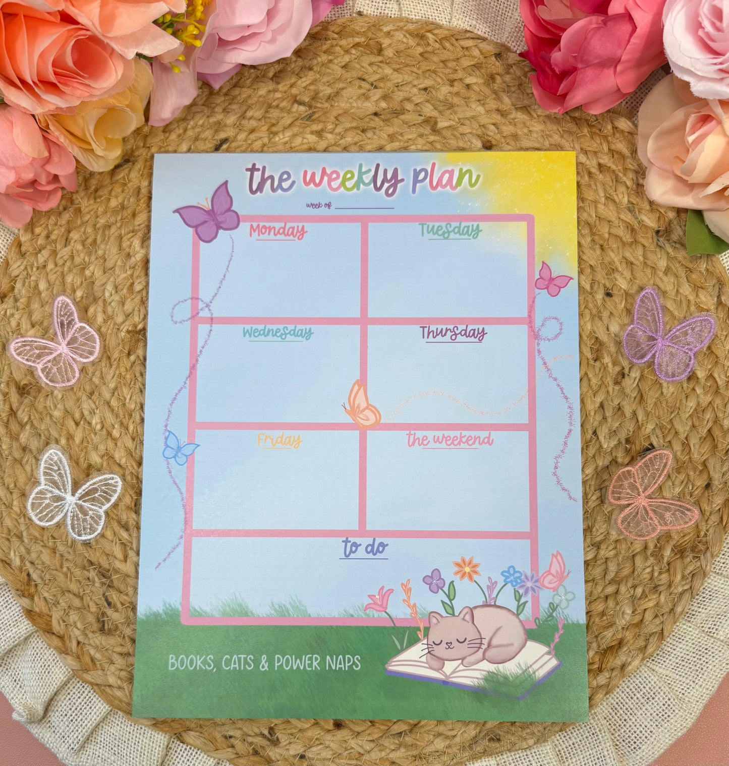 Sleepy Kitty Weekly Planner featuring original Milabell Paper Co. artwork.