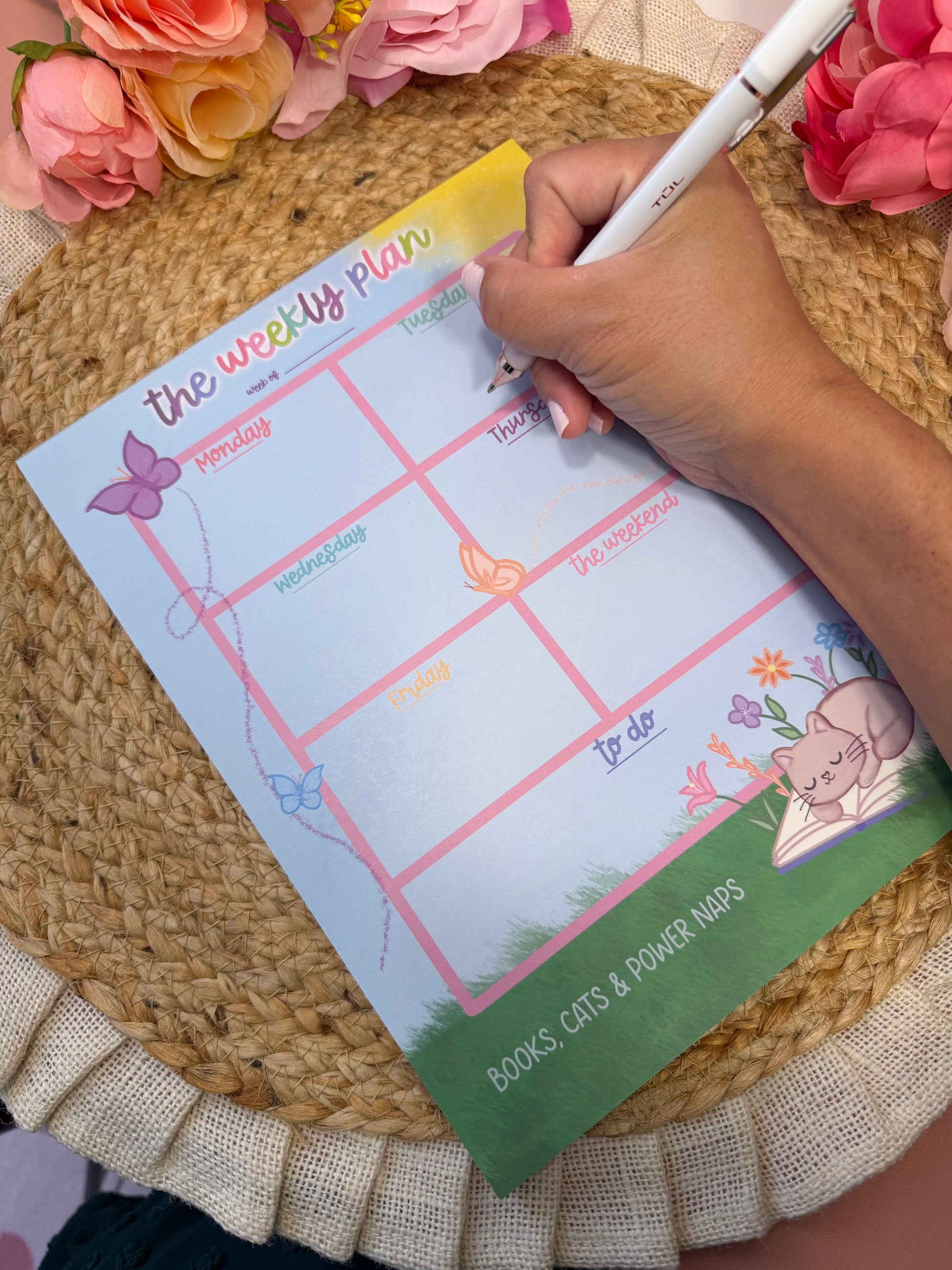 Sleepy Kitty Weekly Planner with writing to demonstrate the weekly layout and writing space.