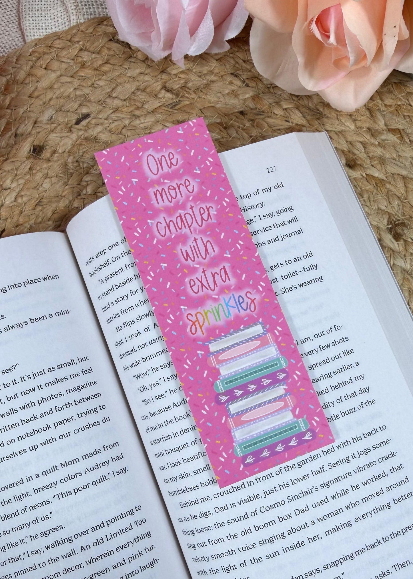Sprinkles Bookmark marking a page inside a book.