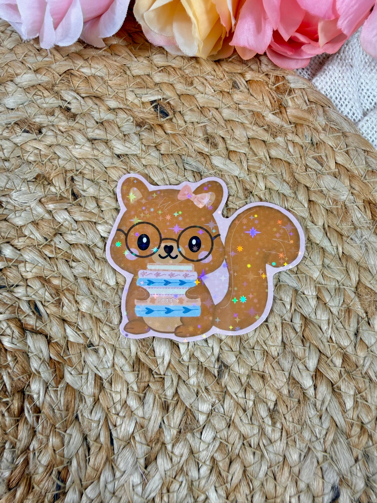 Storybook Squirrel Vinyl Sticker in Vinyl Star Holographic finish featuring original Milabell Paper Co. artwork.