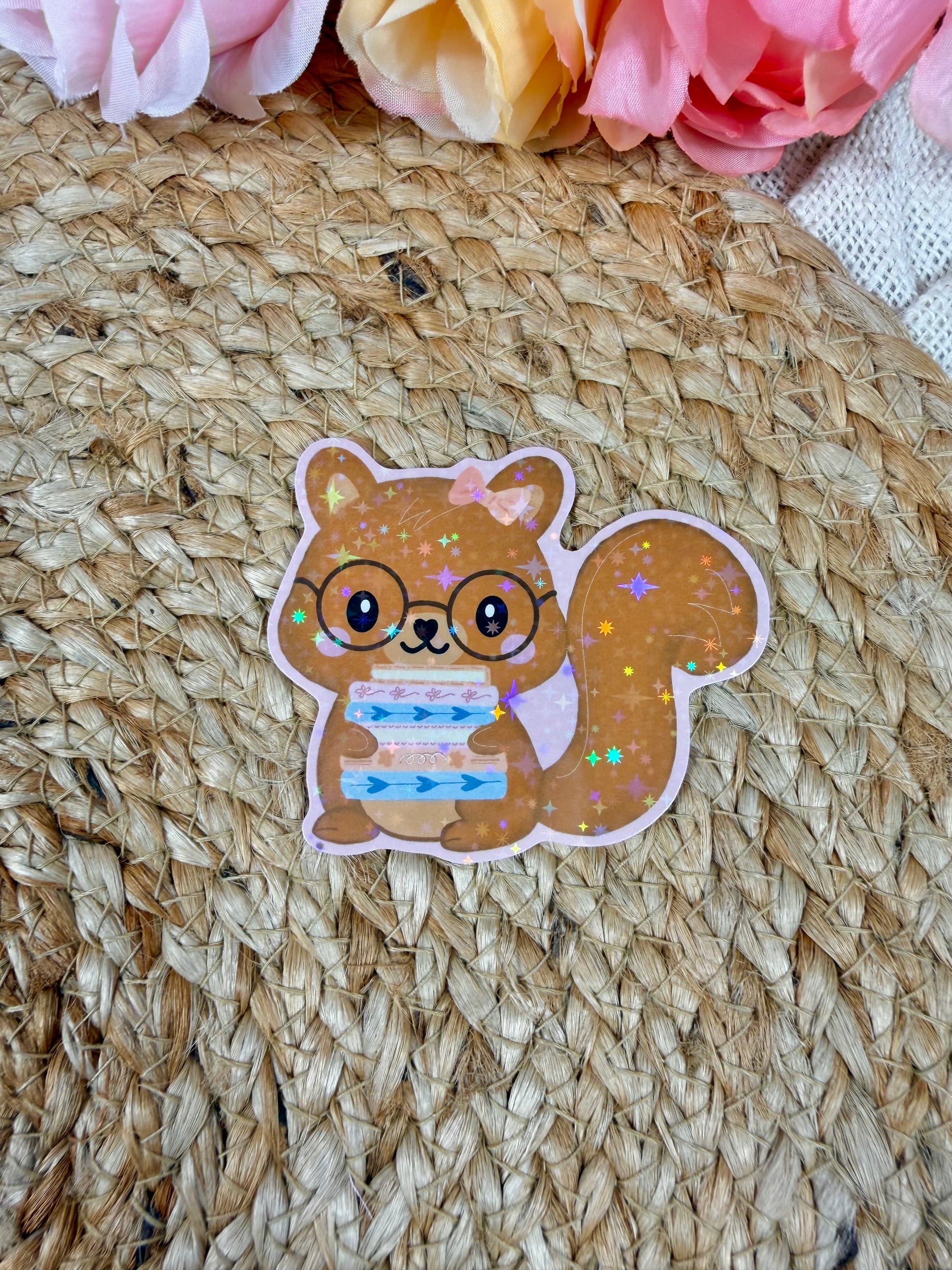 Storybook Squirrel Vinyl Sticker in Vinyl Star Holographic finish featuring original Milabell Paper Co. artwork.