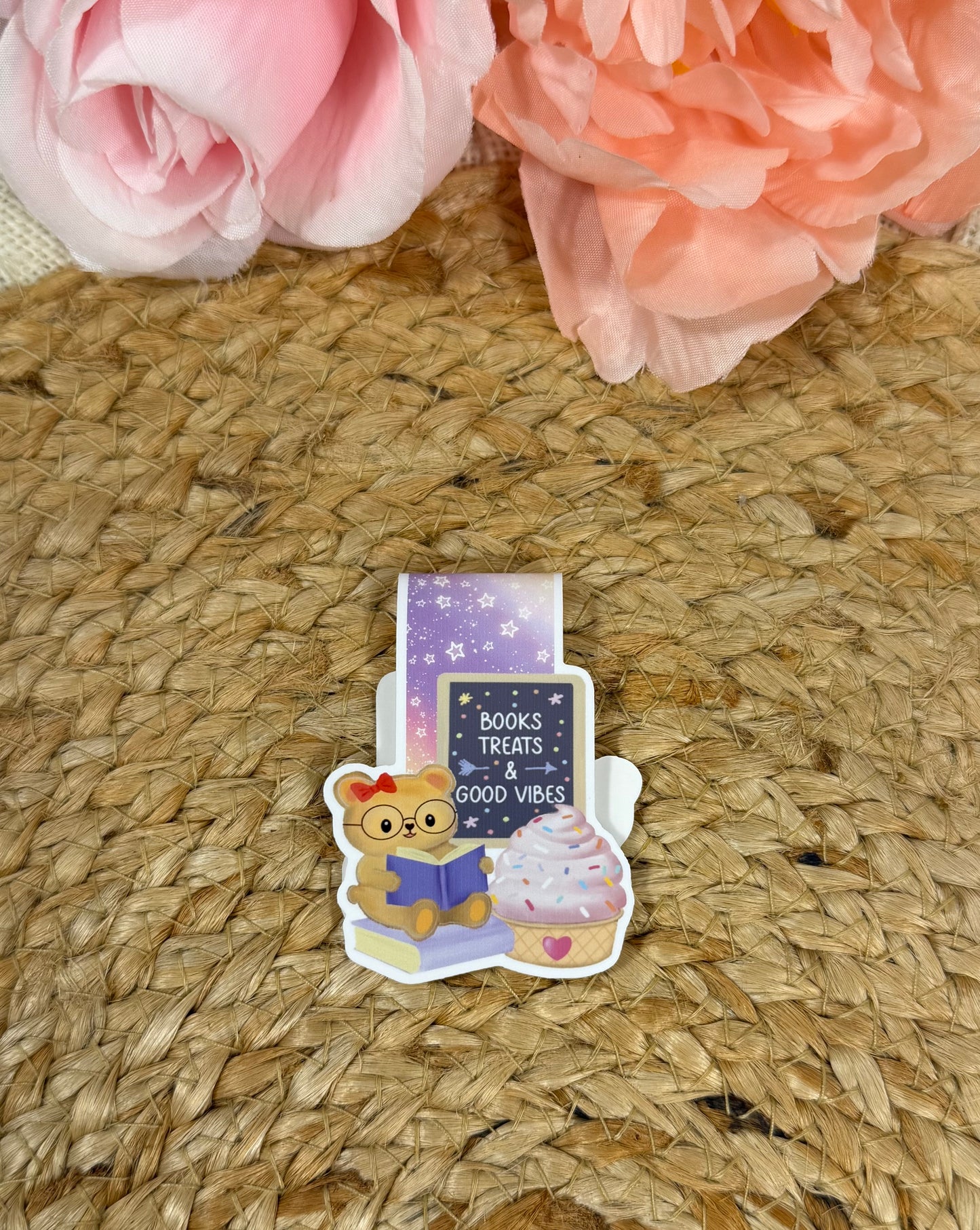 Sweet Tooth Teddy Magnetic Bookmark featuring original Milabell Paper Co. artwork with the phrase "Books, Treats & Good Vibes."
