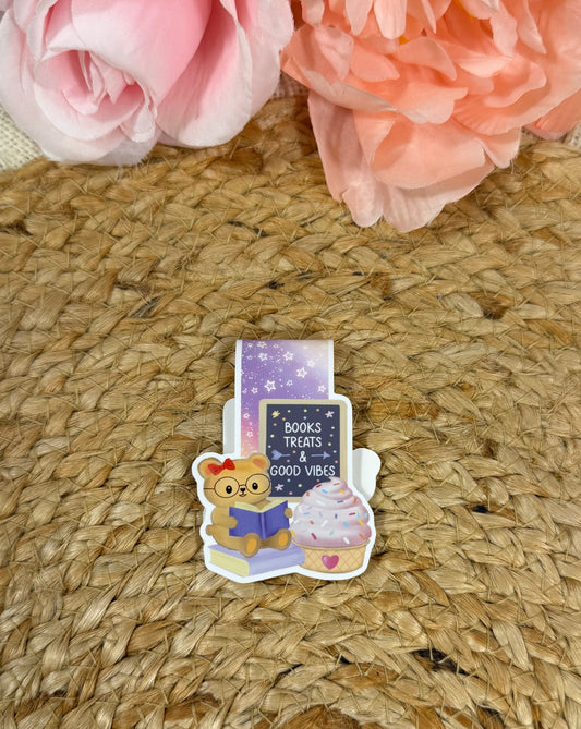 Sweet Tooth Teddy Magnetic Bookmark featuring original Milabell Paper Co. artwork with the phrase "Books, Treats & Good Vibes."