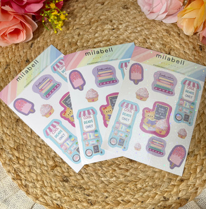 Sweet Tooth Teddy Sticker Sheet shown in Vinyl Matte, Vinyl Glossy, and Vinyl Star Holographic finishes.