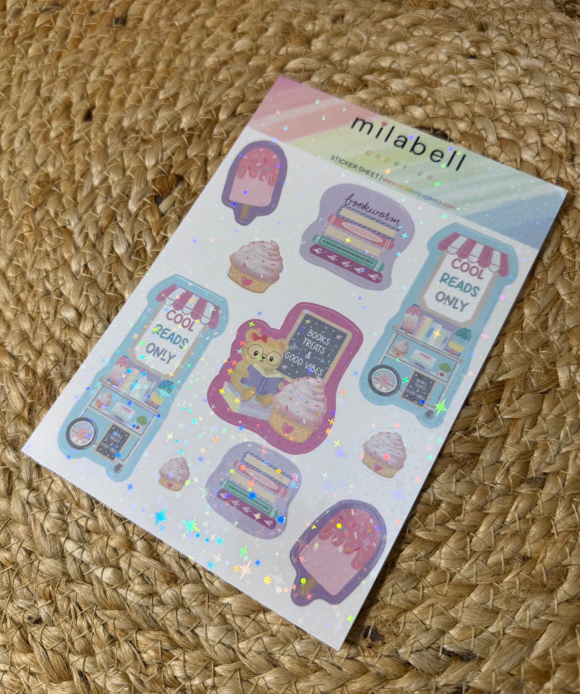 Sweet Tooth Teddy Sticker Sheet in Vinyl Star Holographic finish featuring original Milabell Paper Co. artwork.