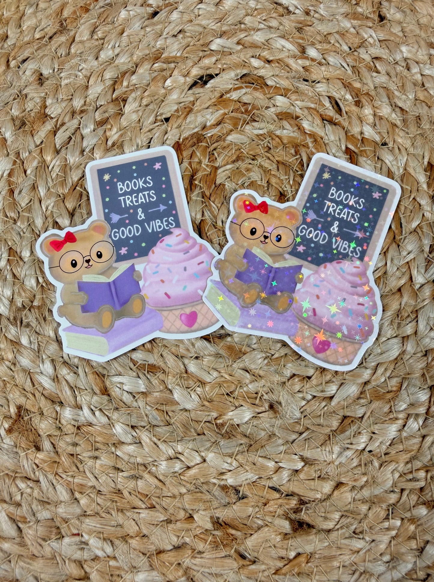 Sweet Tooth Teddy Vinyl Sticker shown in Vinyl Glossy and Vinyl Star Holographic finishes.