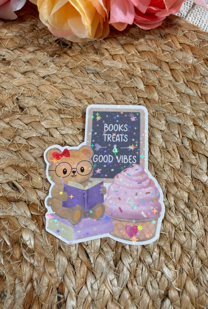 Sweet Tooth Teddy Vinyl Sticker in Vinyl Star Holographic finish featuring original Milabell Paper Co. artwork.