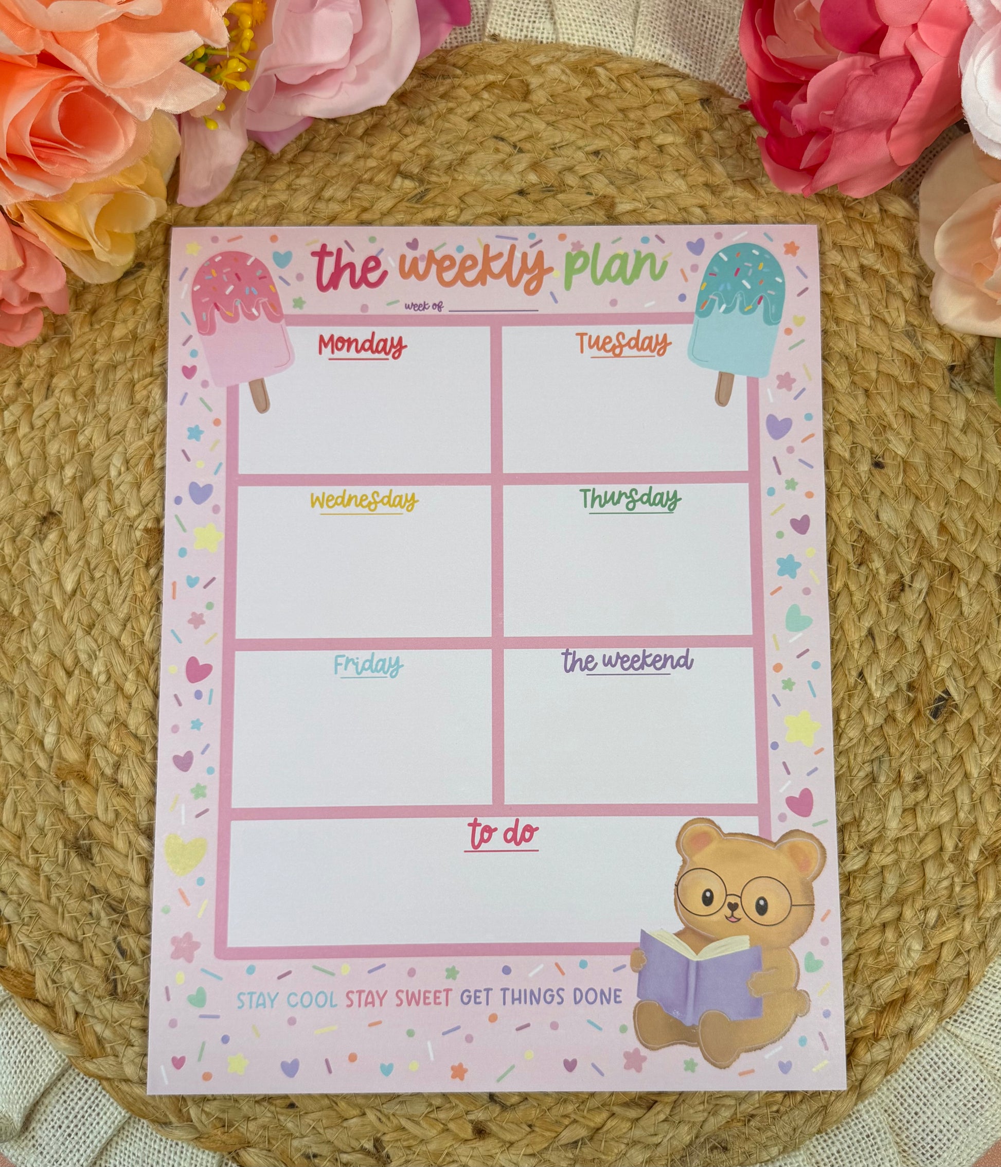Sweet Tooth Teddy Weekly Planner featuring original Milabell Paper Co. artwork.