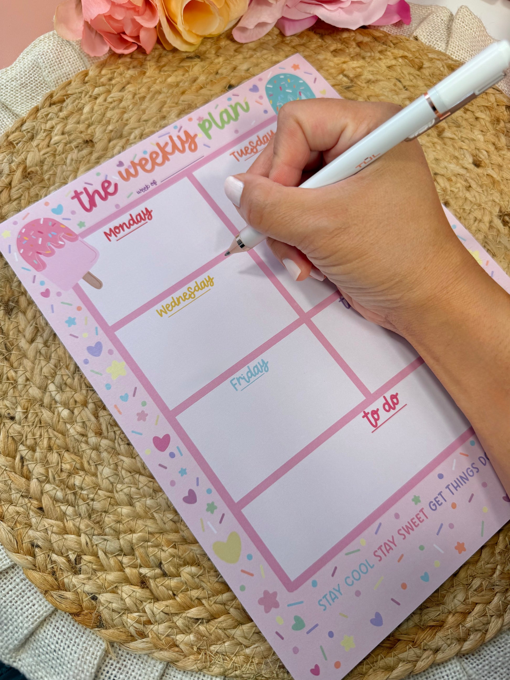 Sweet Tooth Teddy Weekly Planner with writing to demonstrate the weekly layout and writing space.